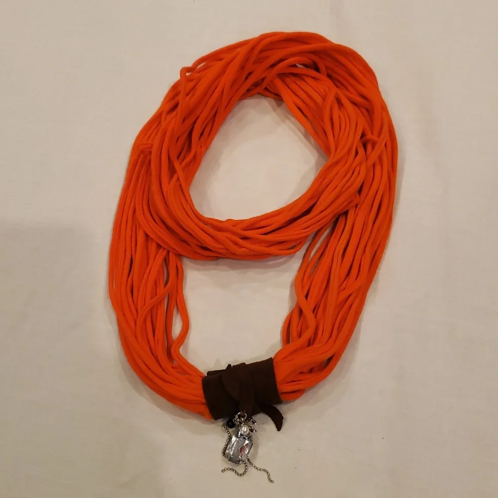Orange Multi-strand Shred Circle Scarf W/ Brown Knot & Charms -OS